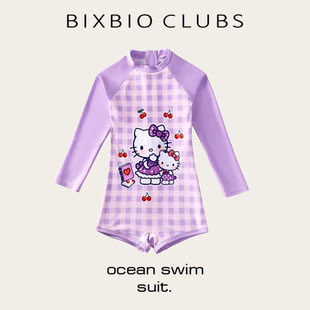 bixbio高颜值甜美KT猫高级长袖防晒中大童女孩女童儿童连体游泳衣