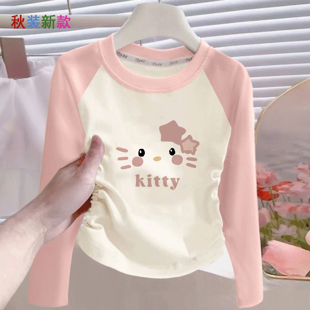 儿童粉色插肩纯棉T恤女童长袖