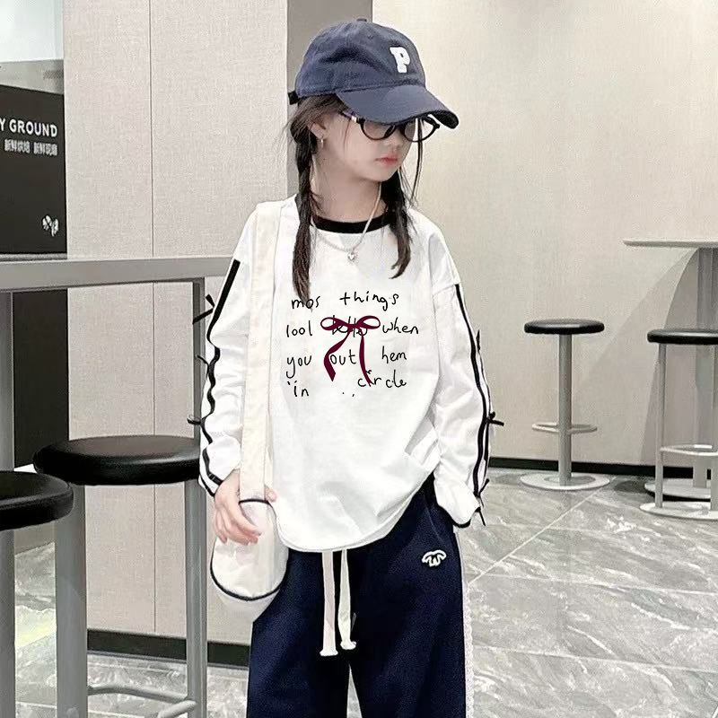 蝴蝶结新款女童纯棉长袖2026春秋薄款T恤女孩上衣百搭打底衫洋气