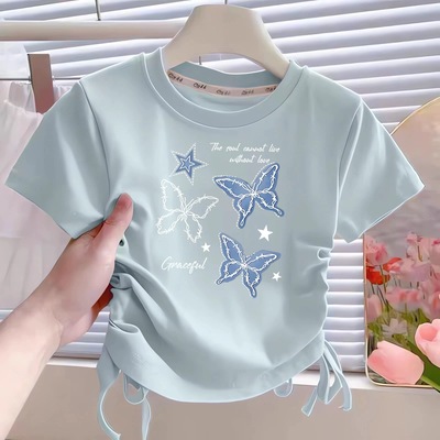 女童夏季多巴胺短袖T恤美式正肩收腰修身短款上衣中大童打底衫潮