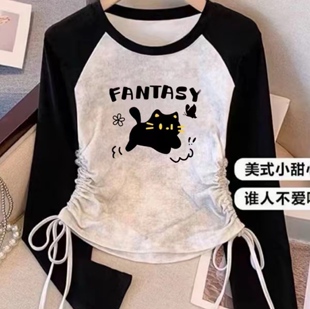 猫咪图案女童纯棉插肩长袖T恤2027新款中大童打底衫上衣潮流时髦