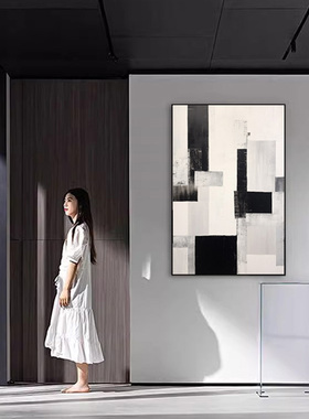 极简现代简约线条油画黑白灰抽象玄关装饰画客厅色块长方形挂画