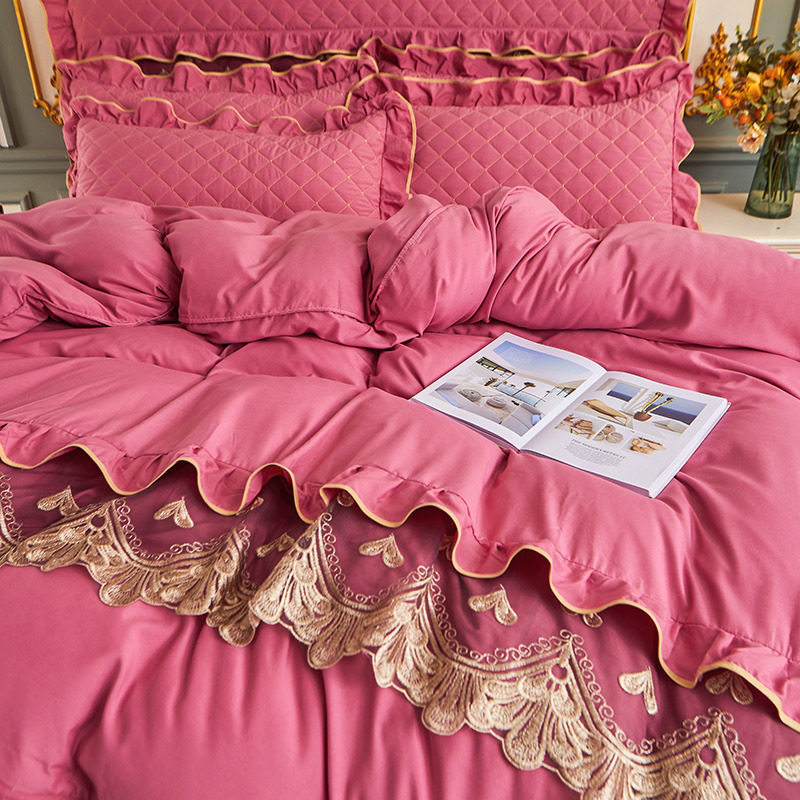 欧式夹棉水洗棉床裙式四件套公主风蕾丝磨M毛加厚床罩双人花边被