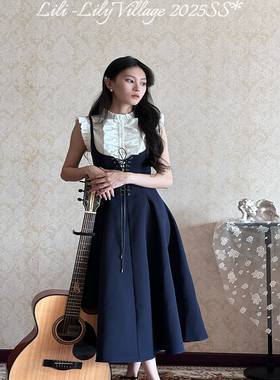 【蓝信笺】Lili百合乡原创复古蓝绑带抽绳小蛮腰长款赫本风连衣裙