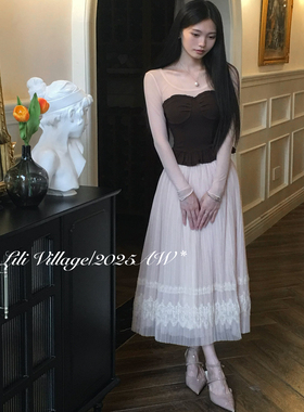 【暮光】LIli百合乡纯欲巧克力色针织上衣+拼接重工网纱压褶半裙