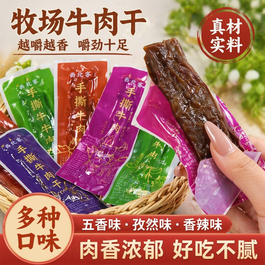 西北客新疆特产香辣200g500g手撕风干牛肉干半干食独立小包装即食