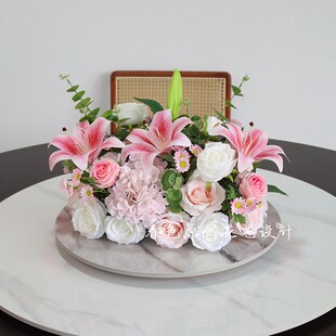 酒店圆桌中间摆花百合玫瑰仿真花装饰花饭店餐桌转盘Y桌面摆设花