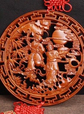 桃木和合二圣摆件k家居客厅家用婚房挂件卧室木雕结婚送礼摆设礼