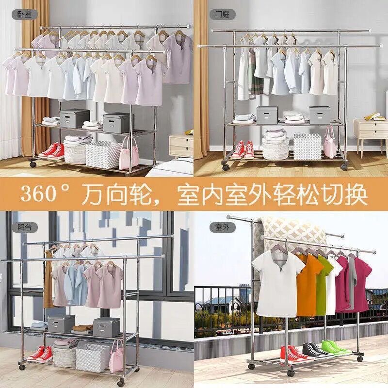 落地晾衣架不锈钢卧式阳台家用移动摺I叠伸缩挂衣架晒被神器室内图片