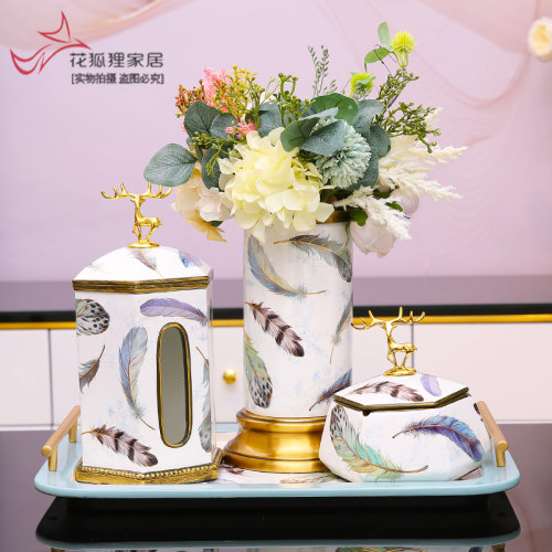 美式轻奢家居装饰品客厅茶几酒柜摆件欧式纸N巾盒套装乔迁新居礼