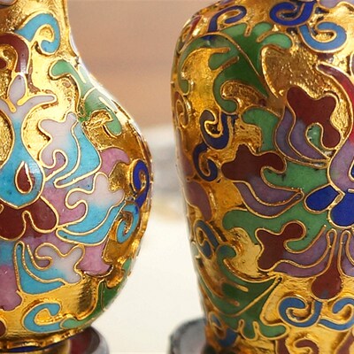 传统景泰蓝小花h瓶老货海外回流金底小瓶鸟笼瓶铜胎掐丝珐琅摆件