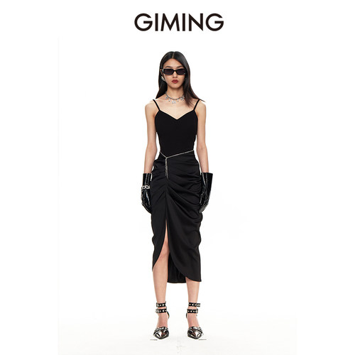GIMING黑色时尚开叉连衣裙