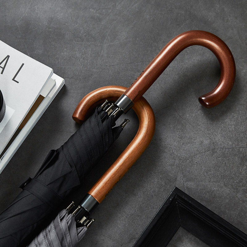 木柄弯钩英伦复古长柄雨伞男士简约结实防风自动大号双人黑伞直柄