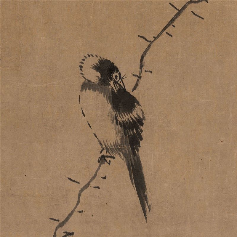 清李因《菊石鸣禽图》立轴水墨写意花鸟国画装饰挂画高清微喷临摹