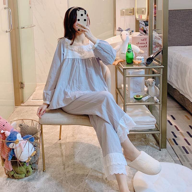 睡衣女春秋款梭织棉白色纯棉方领可爱宫廷2024夏天新款公主家居服