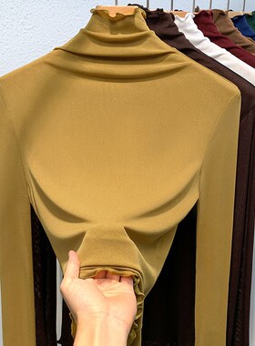 木耳边高领网纱打底衫女内搭2025新款春秋女士长袖上衣墨绿色小衫