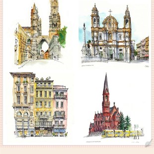 欧式日式水彩钢笔手绘插画少儿美术创意临摹卡中小学画室素材卡片