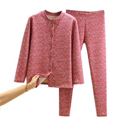 德绒碎花家居服套装中老年保暖加绒加厚两件套宽松内搭开衫打底裤