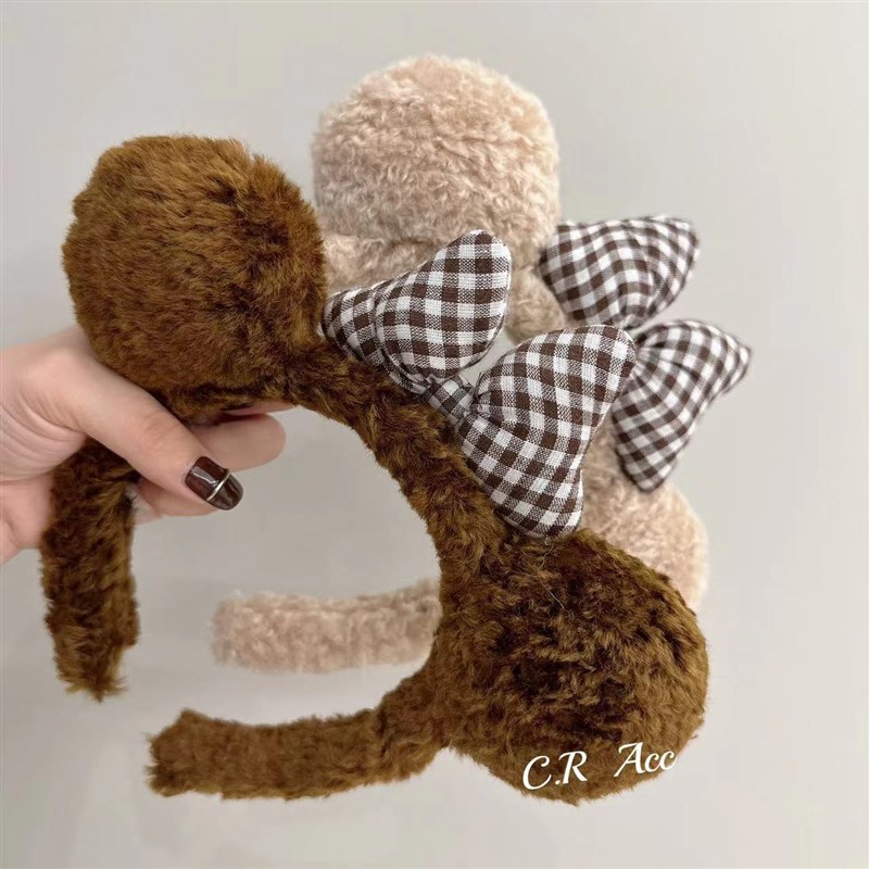 洗脸毛绒压发发卡格子蝴蝶结发箍女可爱毛茸茸大耳朵头箍卡通发捆