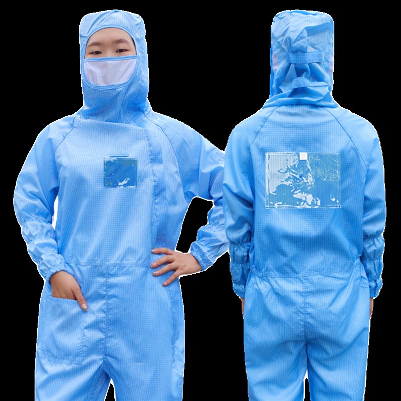 百级无尘服网格连体带背贴背标袋斜拉链有口袋蓝绿色防静电洁净服