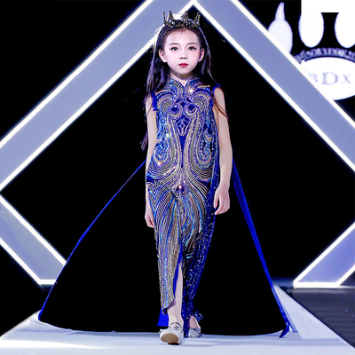 女童礼服高端走秀2021新款模特服装时尚儿童晚礼服霸气国潮演出服