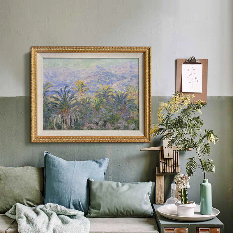 莫奈之棕榈树复古松果雕花实木美式装饰画轻奢法式壁画客厅挂画