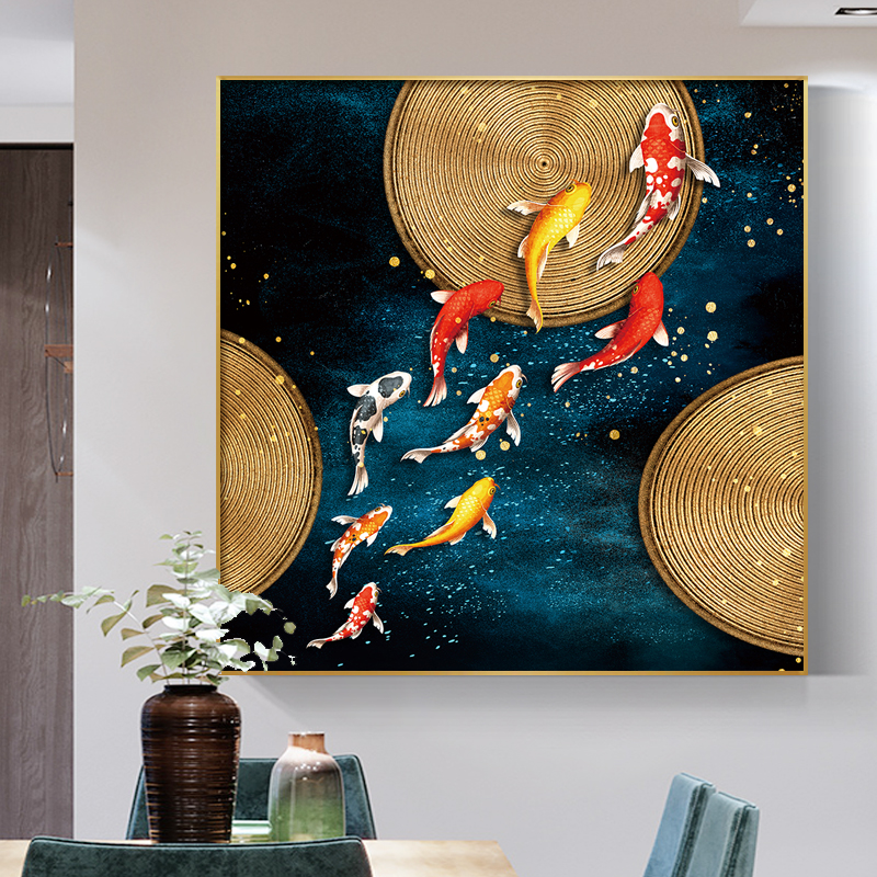 九鱼图餐厅装饰画北欧风格饭厅背景墙面挂画招财镇宅玄幻壁画图片