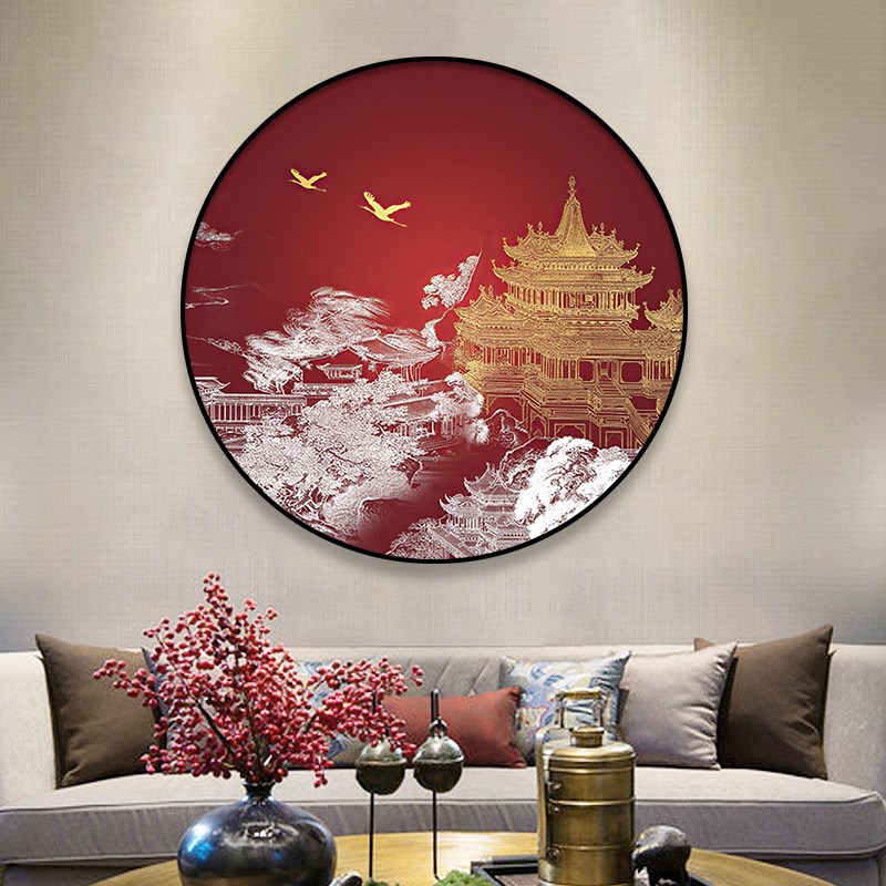 新中式圆形装饰画软装样板房客厅入户玄关N背景墙浮雕古建筑挂画图片
