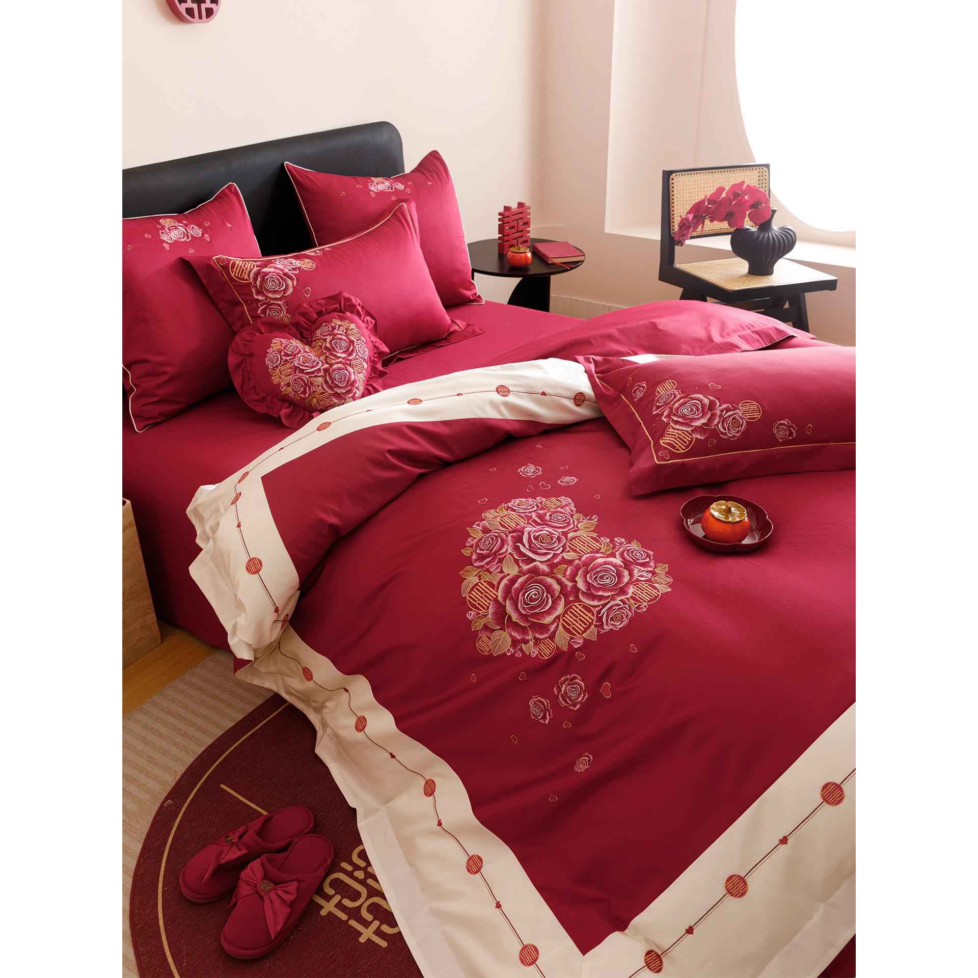 新中国风玫瑰婚礼四件套100S长绒棉幸福字拼接红色婚礼被套床单