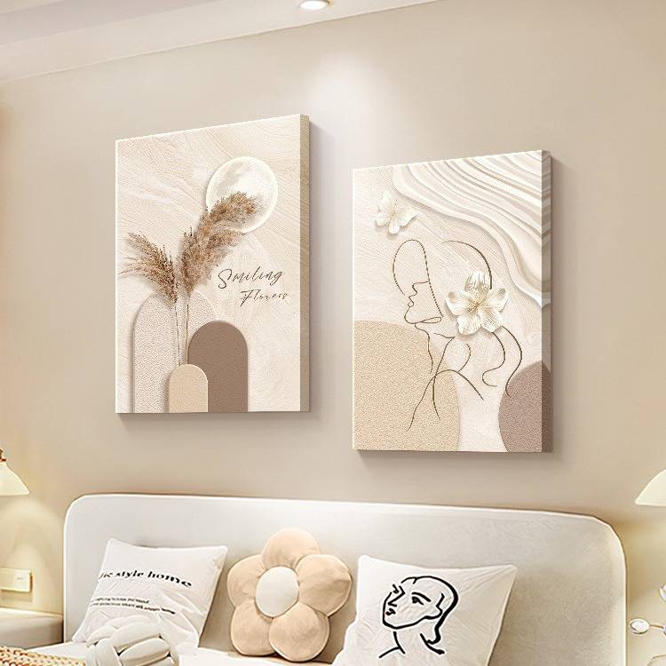 现代简约卧室床头装饰画抽象线条人物挂画奶油风原木风客厅墙壁画图片