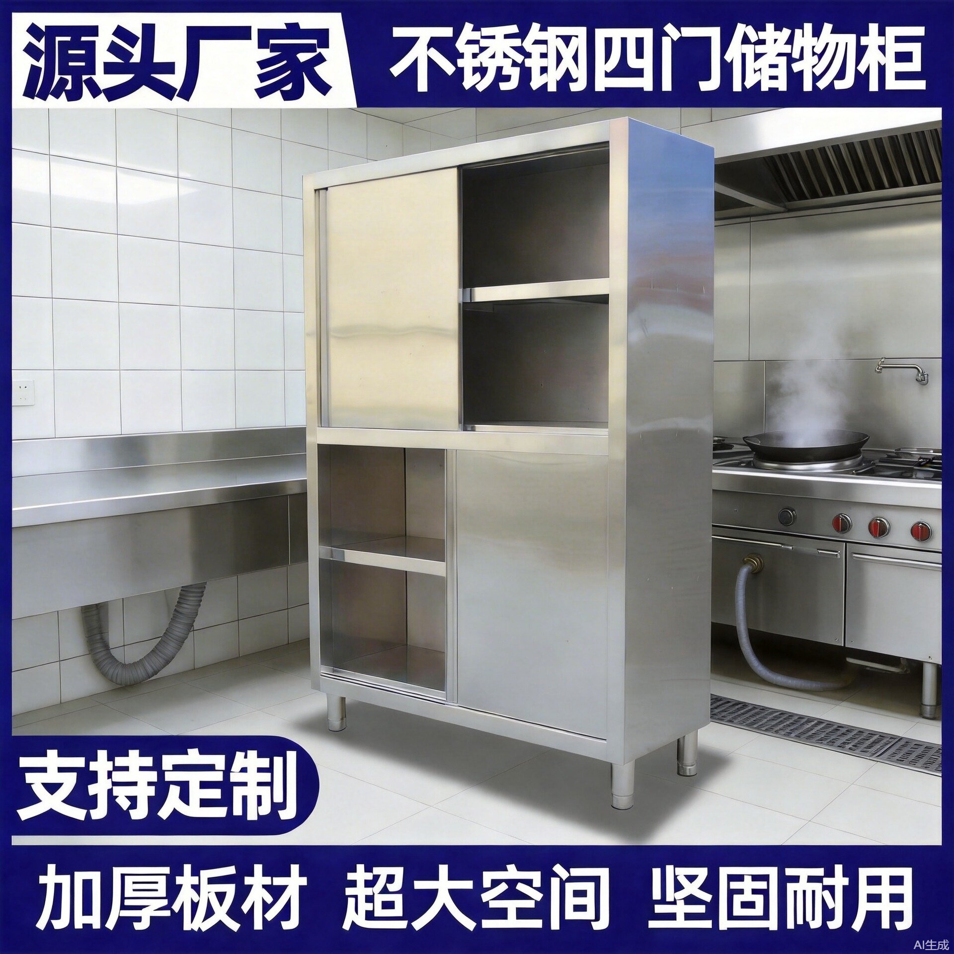 商用不锈钢四门拉门保洁柜