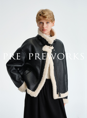 PRE PREWORKS100%羊羔毛肌理感皮毛一体棉衣 立领肩机车皮衣外套