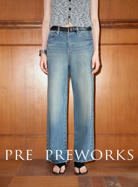 PRE PREWORKS经典时髦 百搭高腰直筒微阔腿蓝色牛仔裤