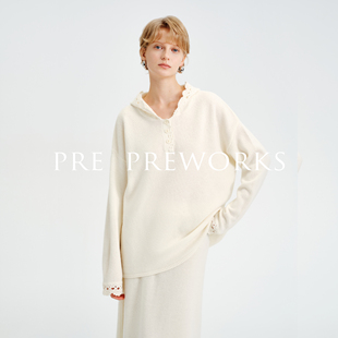 中长裙套装 PRE PREWORKS软糯100%绵羊毛手工镂空钩花连帽针织衫