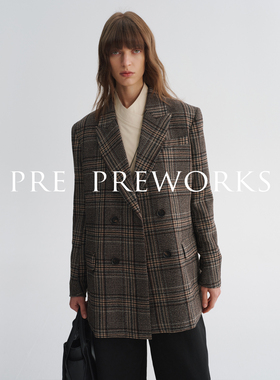 PRE PREWORKS英伦复古老钱风 格纹枪驳领羊毛混纺宽松西装外套