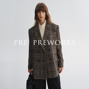 PRE PREWORKS英伦复古老钱风 格纹枪驳领羊毛混纺宽松西装外套