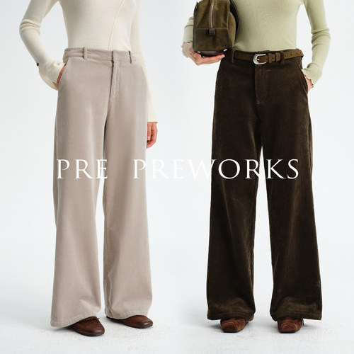 PRE PREWORKS匹马棉复古水洗微弹灯芯绒经典高腰直筒裤休闲长裤