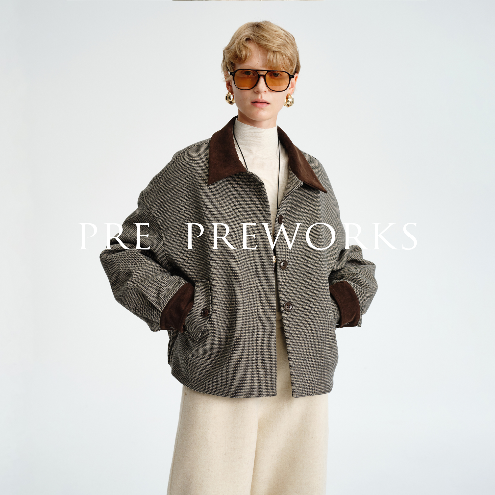 PRE PREWORKS复古老钱 90白鸭绒千鸟格撞色翻领短款羽绒夹克外套