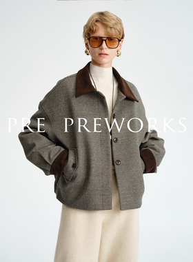 PRE PREWORKS复古老钱 90白鸭绒千鸟格撞色翻领短款羽绒夹克外套