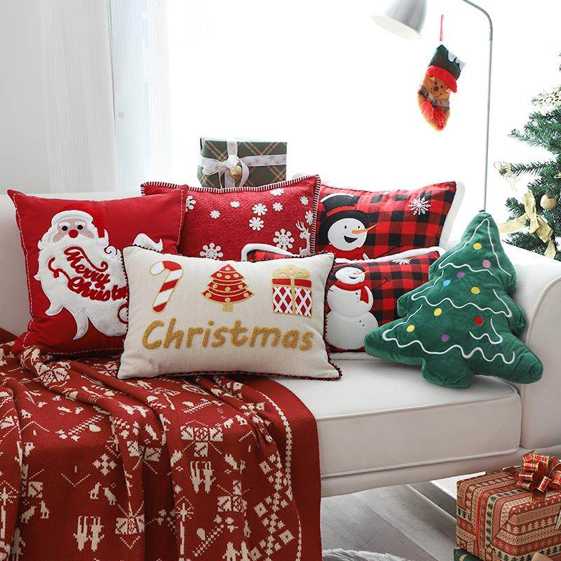 INS新年节日装饰抱枕圣诞树玩偶客厅沙发靠垫床上靠枕红色抱枕套