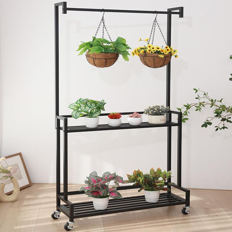 网红花架阳台铁艺置物架双层室内落地阶梯式花盆架移动带轮花架子