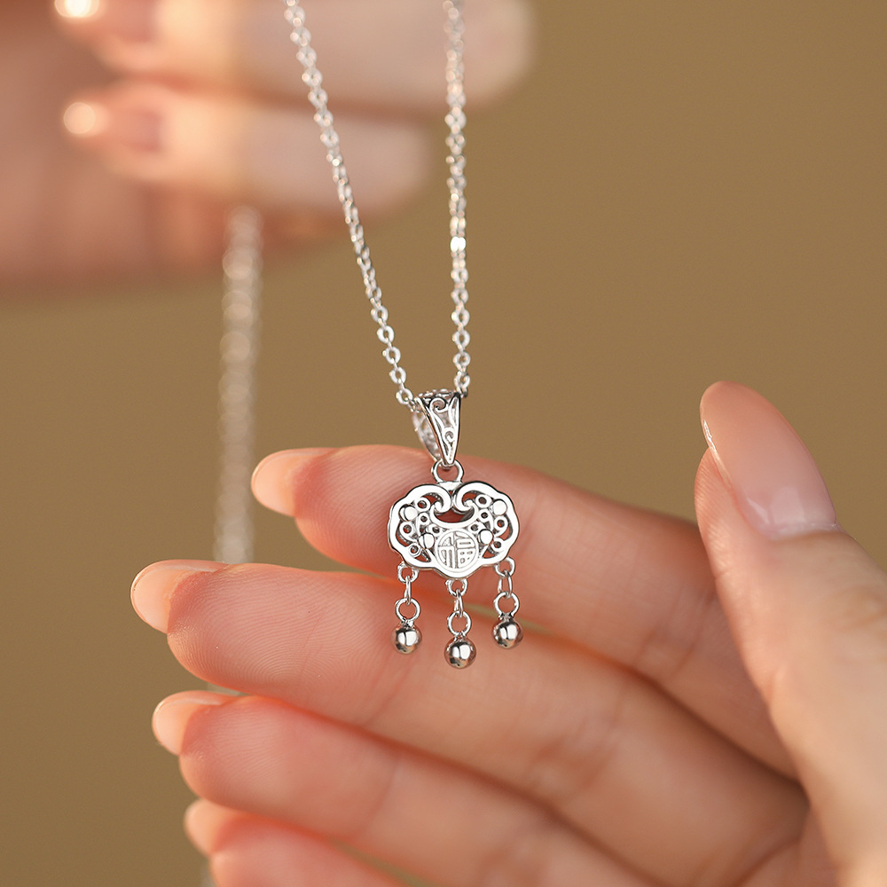 日本品质国风经典款S999纯银祥云如意平安锁项链女时尚复古新中式