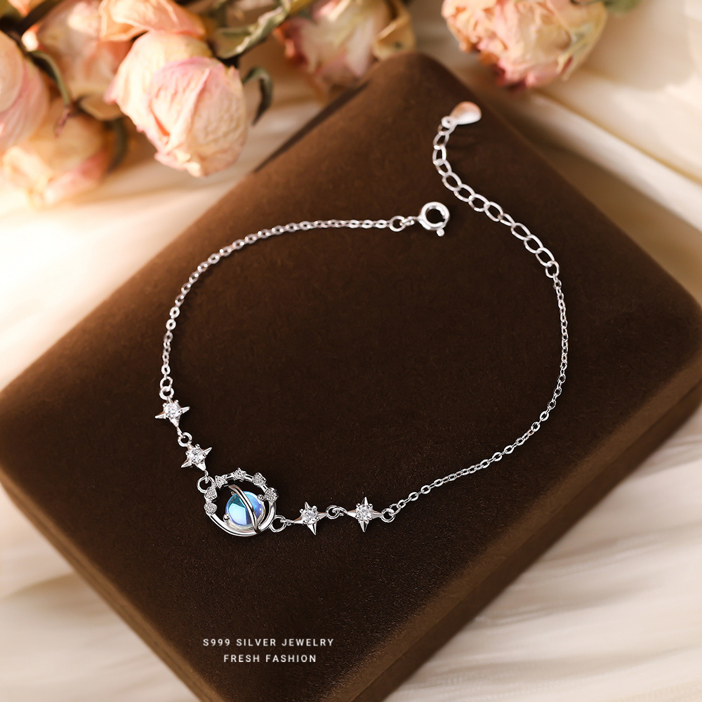 日本品质S999纯银四芒星月光石星轨手链女2025小清新设计感炫彩手
