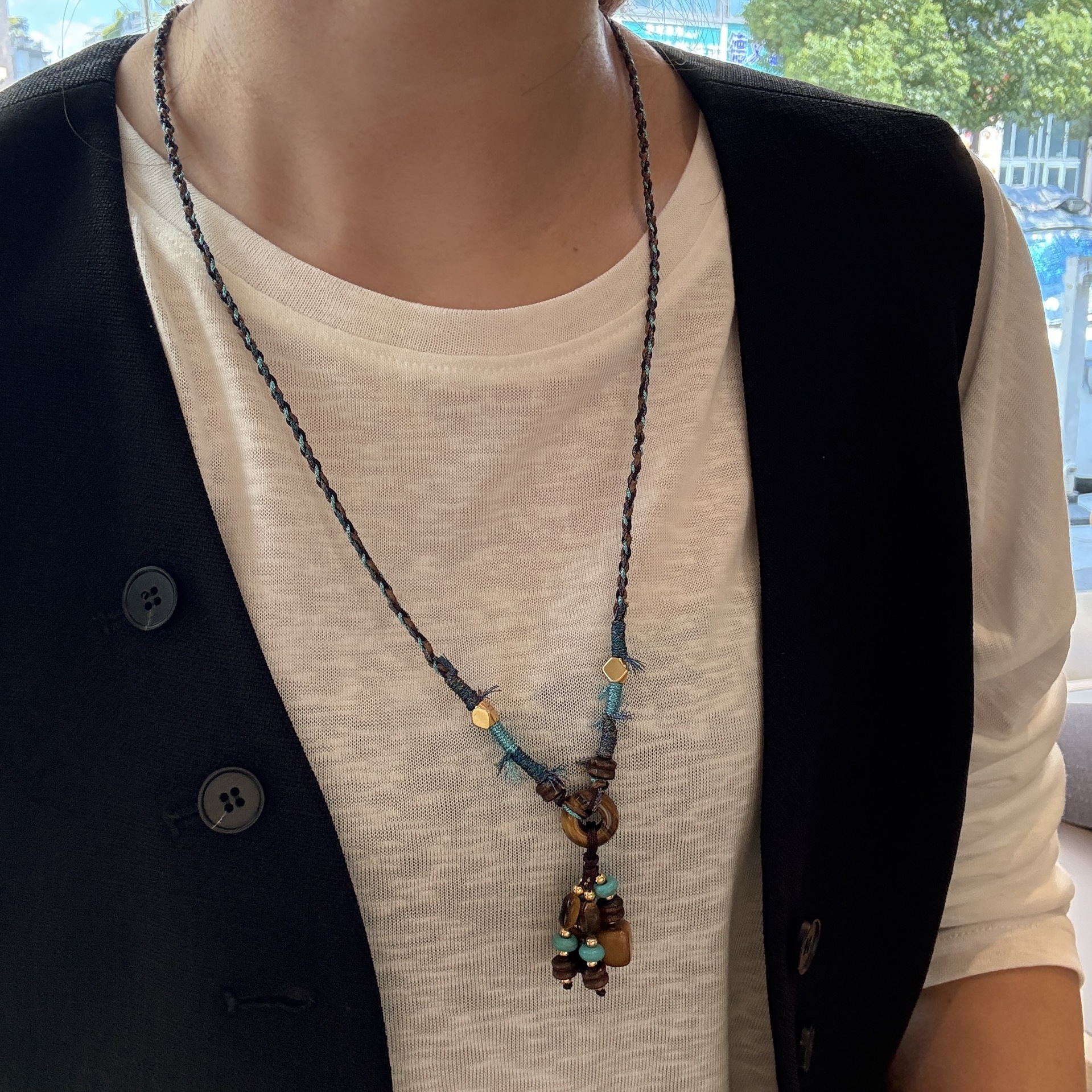 日本品质编绳虎眼石项链波西米亚女度假手工毛衣链彩色松石复古风