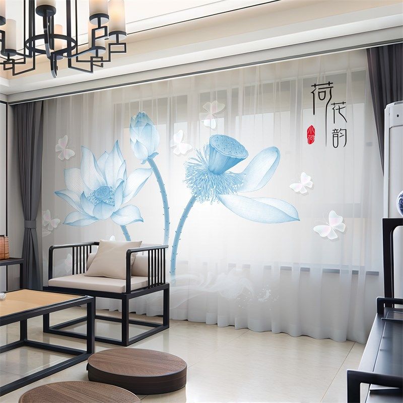 新中式荷花窗帘遮光禅意中国风古典水墨山水画客厅透光不透人纱帘