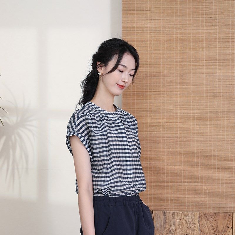 布符夏季新品蓝白格子法式上衣简约气质圆领时尚舒适女装