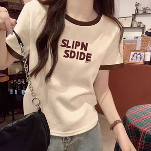 宽松显瘦小衫 新款 t恤女2024夏季 拼接撞色棕色设计感上衣纯棉短袖