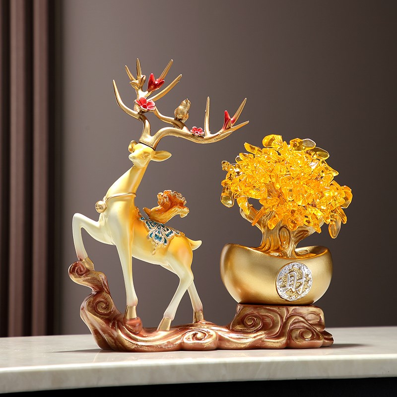 招财鹿摆件发财树元宝新中式办公室酒柜装饰品摇钱树乔迁新居必选