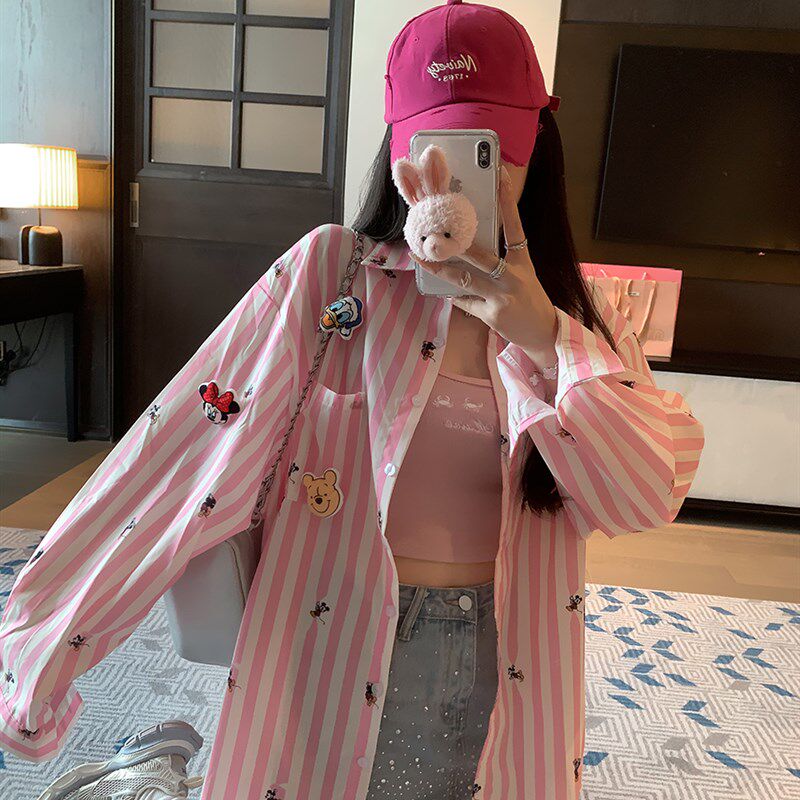 庄大泥 2024秋季薄款粉色条纹卡通长袖衬衫女衬衣外套开衫