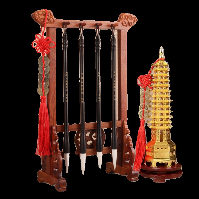 文昌毛笔4支+笔架套装学生书桌位摆件桃木质刻诗人名字竹子状元塔